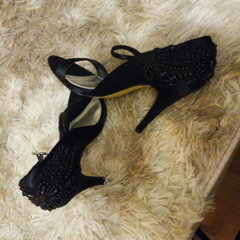 White House Black Market Black Beaded Peep-Toe Heels